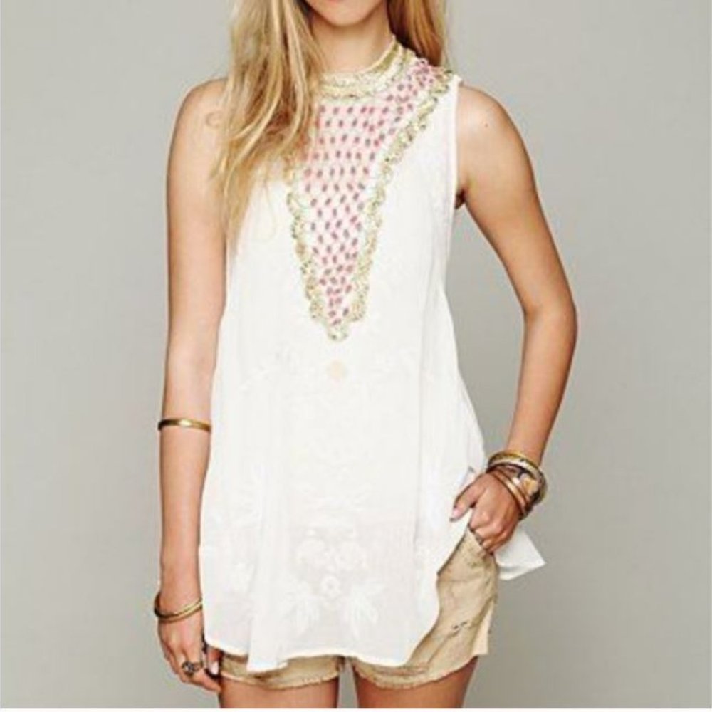 Free People New Romantics Hi Neck Beaded and Embroidered Sleeveless Chiffon Top